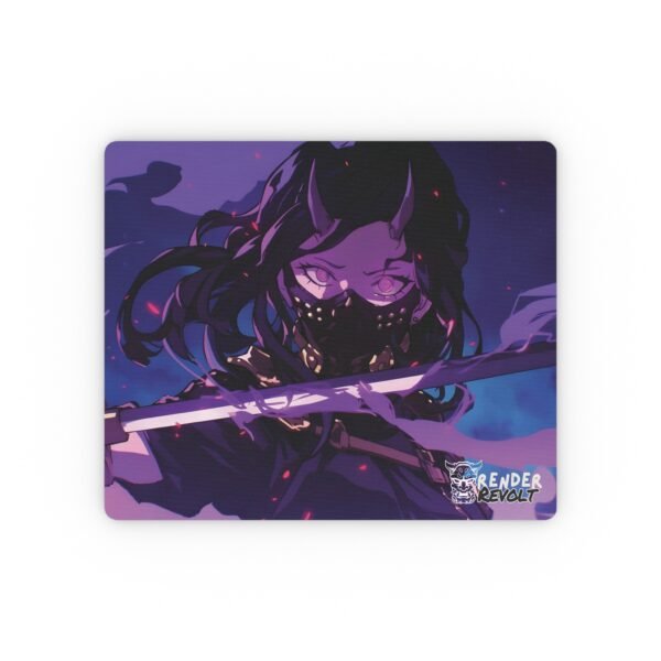 A detailed image of an anime mouse pad featuring a character with glowing eyes and a dark mask