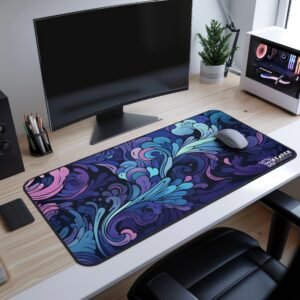 : Aurora Petals Desk Mat- A desk scene showcasing a luxurious mouse pad with an ethereal floral wave design in soft blue and golden tones. The swirling background and scattered white flowers evoke a sense of calm and elegance. A sleek PC setup with a modern monitor and a potted plant completes the aesthetic.