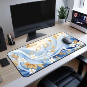 Autumn Wave Desk Mat - A workstation with a large mouse pad in a flowing blue and gold design, covering most of the wooden desk. The intricate floral pattern, inspired by ocean waves, adds a sense of movement and artistic flair.