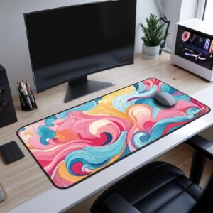 Blossom Wave Desk Mat - Colorful floral waves desk mat placed on a modern wooden desk setup with a curved monitor, mechanical keyboard, and a white PC case with RGB lighting. The desk mat features vibrant swirling patterns of blue, pink, and yellow."