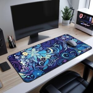 Celestial Flowers Desk Mat - A gaming desk setup with the dark blue floral desk pad, under a monitor and wireless mouse, with a black chair and an illuminated PC