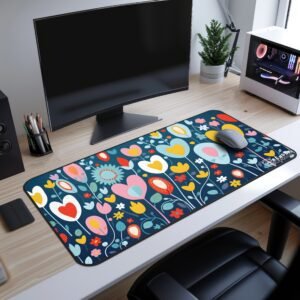 Charmed Bloom Desk Mat with a floral desk mat featuring heart-shaped and colorful flowers on a dark blue background, with a mouse placed on top.