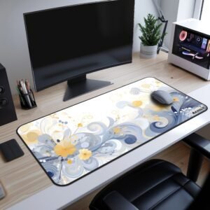 Daisy Drift Desk Mat - A top-down desk setup with the purple and blue desk mat, featuring a laptop, notebook, pencils, and a cup of coffee. The contrast of colors stands out on the dark surface.