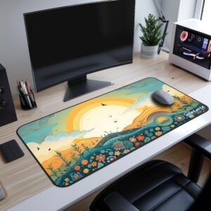 Dawn Meadow Desk Mat- Dark-themed workspace setup with the sunrise landscape desk mat, a laptop, and a cup of coffee, giving a cozy and creative vibe.