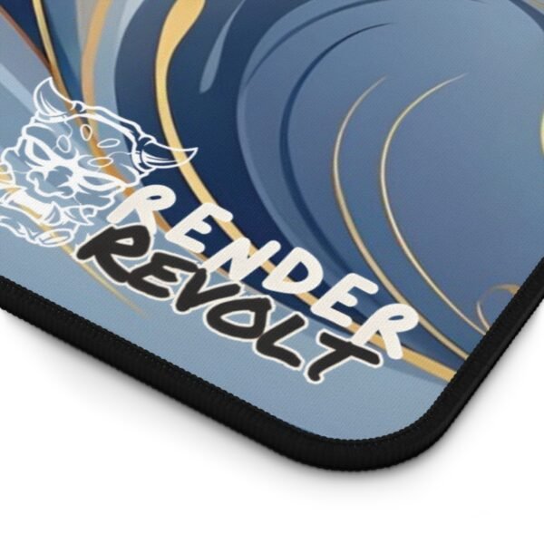 A luxurious desk mat featuring flowing golden and soft blue waves, with delicate floral accents creating a serene aesthetic. The "Render Revolt" logo is positioned at the bottom right.