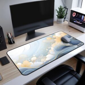 Dawn Petals Desk Mat - A colorful desk mat with a mix of pink, orange, and blue waves flowing together, resembling a sunset sky. The "Render Revolt" logo appears at the lower right corner.