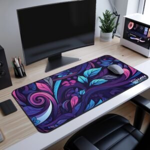 Enchanted Leaf Desk Mat - A stylish workstation with a large curved monitor and a vibrant floral desk mat in shades of purple, blue, and pink, placed under a mouse.