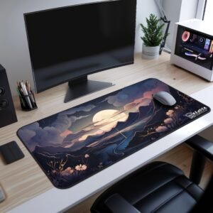 Ethereal Horizon Desk Mat - A floral desk mat featuring a large sunflower and blue flowers, placed on a modern wooden desk with a curved monitor and a white PC case.