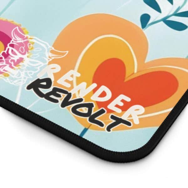 A close-up of the desk mat’s stitched edge, showing the Render Revolt logo and the intricate floral details.