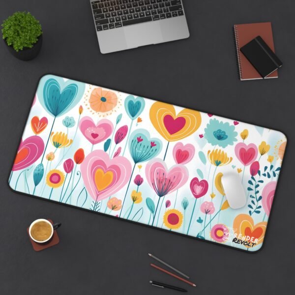 A large desk mat featuring a vibrant floral design with heart-shaped flowers in various colors on a dark blue background, placed on a wooden desk with a curved monitor, keyboard, and mouse.