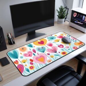 Floating Hearts Desk Mat A large desk mat featuring a vibrant floral design with heart-shaped flowers in various colors on a dark blue background, placed on a wooden desk with a curved monitor, keyboard, and mouse.