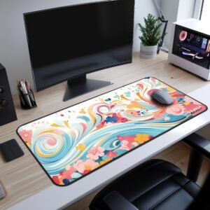 Floral Cascade Desk Mat - A modern desk setup showcasing a large desk mat with a blue and gold floral swirl pattern, placed under a monitor, keyboard, and mouse.