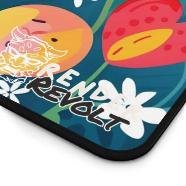 Close-up of the Render Revolt logo on a white background desk mat with bright floral elements.
