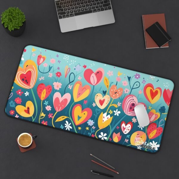 Light pastel floral desk mat on a gaming desk, decorated with heart-shaped flowers and warm colors.