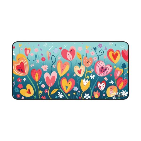 floral heart-themed desk mat on a modern setup, featuring vibrant pink, yellow, and blue flowers.