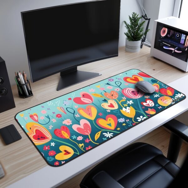 Meadow Amour Desk Mat - Overhead shot of a desk setup featuring a light-colored flower-themed desk mat with a smooth surface.