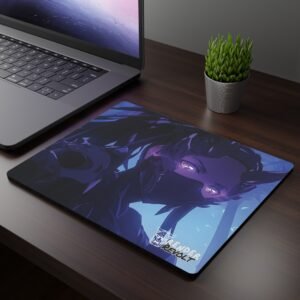 Akira Phantom Mouse Pad featuring a masked character in a bold and fierce pose, placed on a stylish desk with a black mouse and laptop.